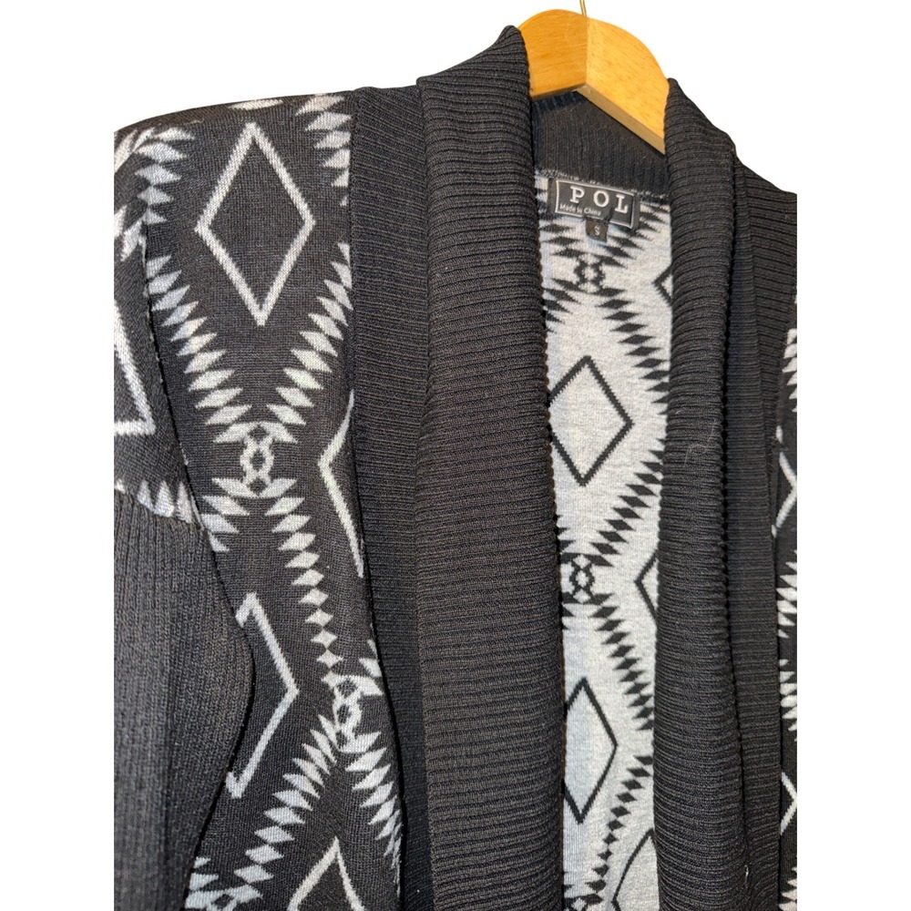 POL Women Black White Geometric Tribal Print Long Cardigan Sweater Size S